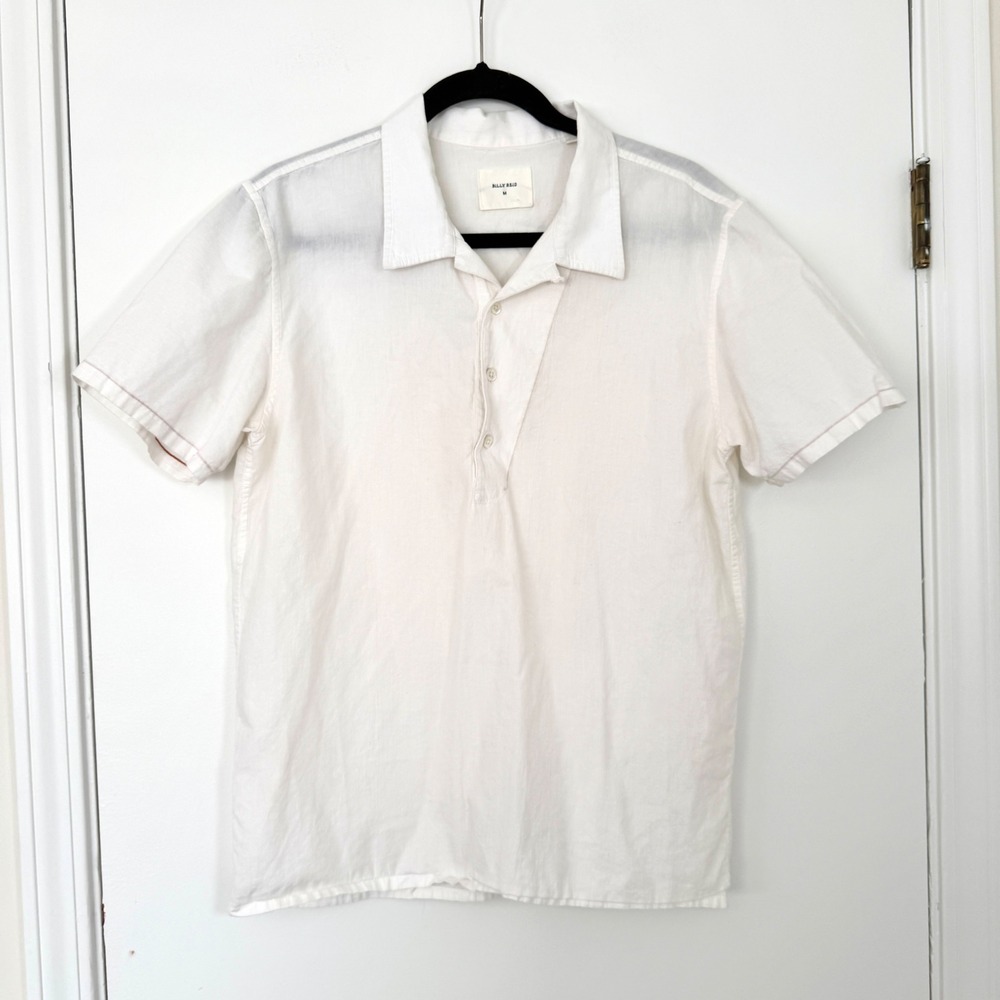 Billy Reid Mens White Cotton Linen Ramie Short Sleeve Polo Shirt Size M Made USA